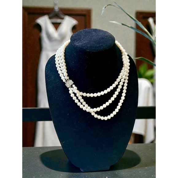 Vintage Jewelry - VTG Triple Strand Faux Pearl Necklace Crystal Clasp Bridal Wedding Jewelry
